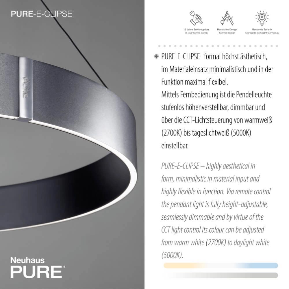 Lampe suspendue ronde Pure E-Clipse gris Ø 70cm Paul Neuhaus 4012248372340