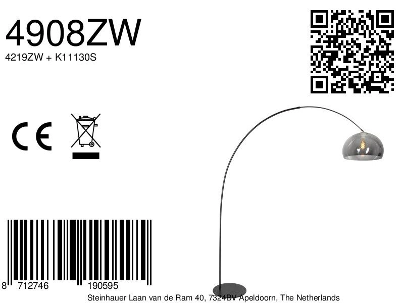 Lampe à arc noir Curve avec du verre fumé Steinhauer 8712746190595