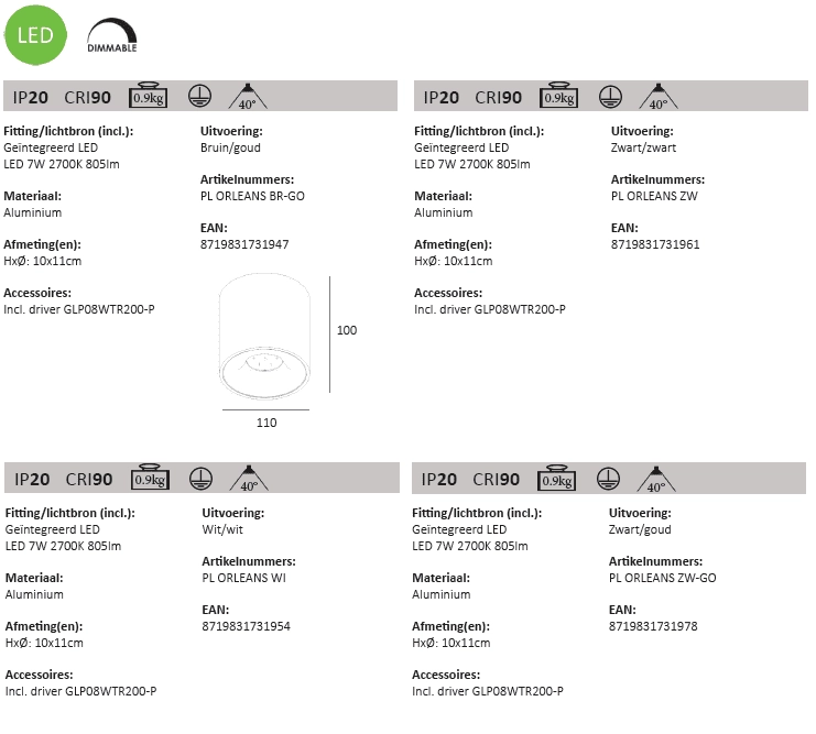 Spot LED en saillie Orleans Noir avec intérieur doré Artdelight 8719831731978