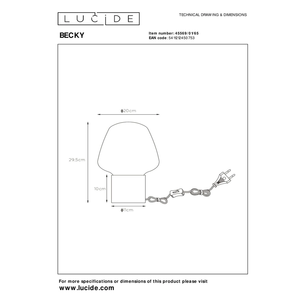 Lampe de table Becky noir avec verre fumé Lucide 5411212450753