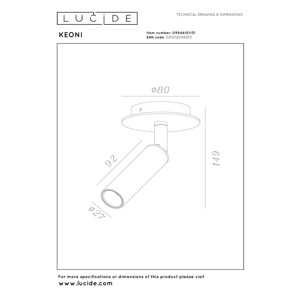 Projecteur de plafond Keoni Ø 8 cm blanc Lucide 5411212094353