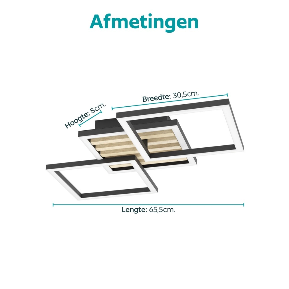 Lampe de plafond moderne Cembrano noir avec un carré en bois 65,5 cm Eglo 9008606388233