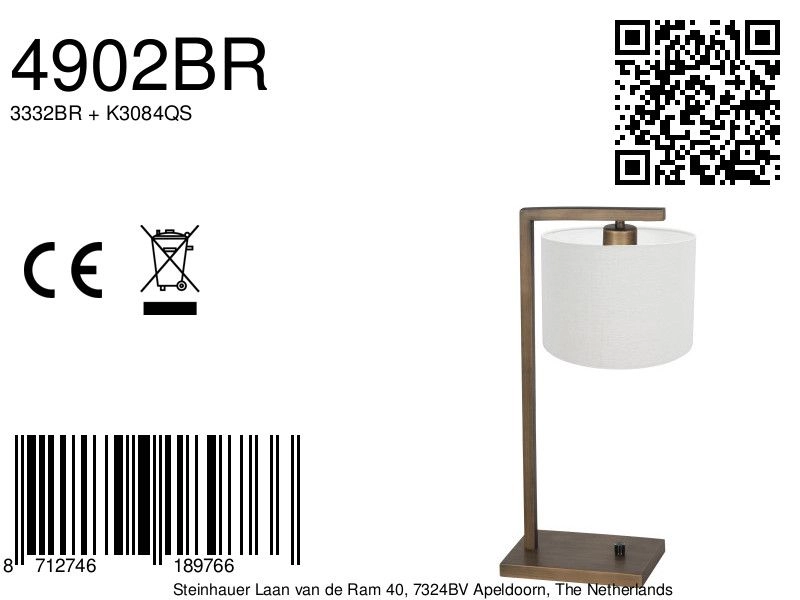 Lampe de table Stang avec capuche blanche Steinhauer 8712746189766