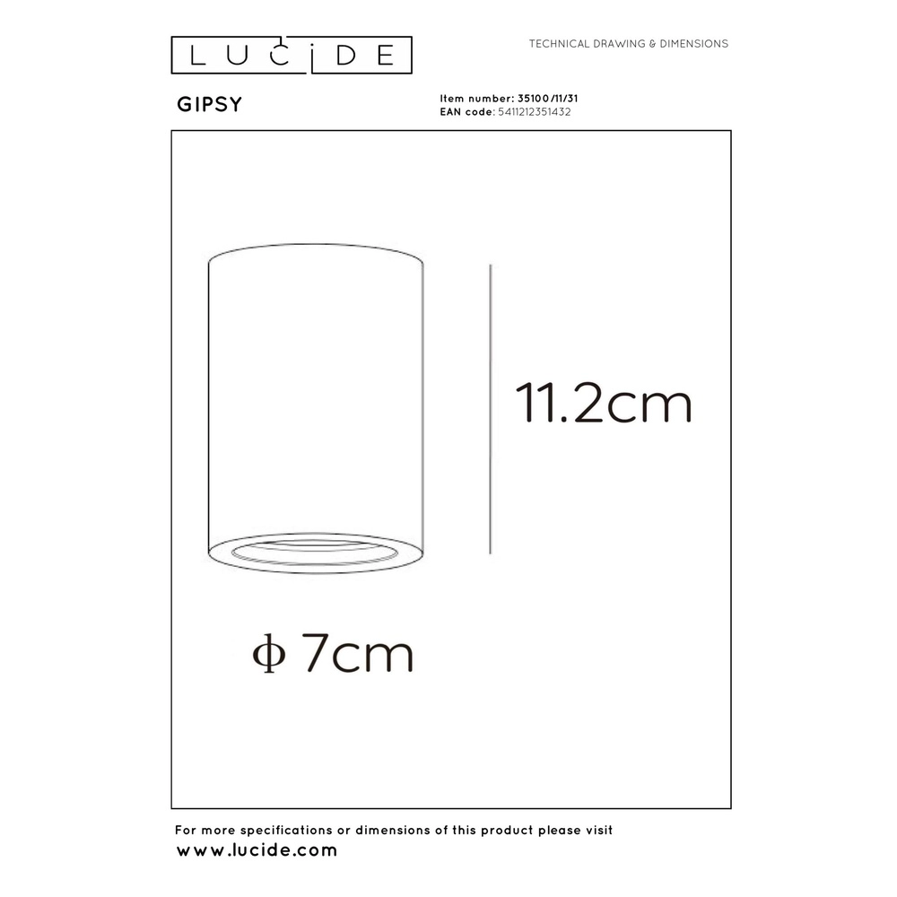 Projecteur de plafond Gipsy 11,2 cm de blanc Lucide 5411212351432