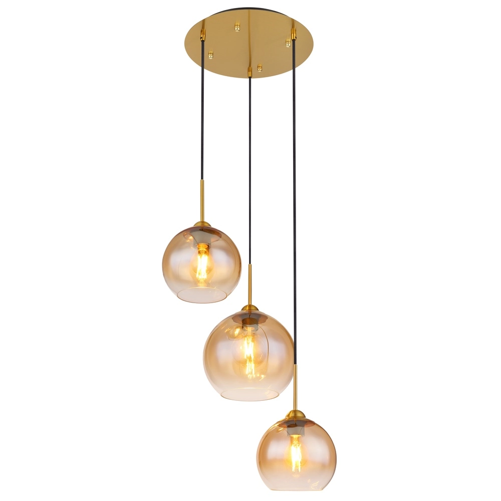 Lampe pendante dorée Jamessa 3 lumières avec verre ambré