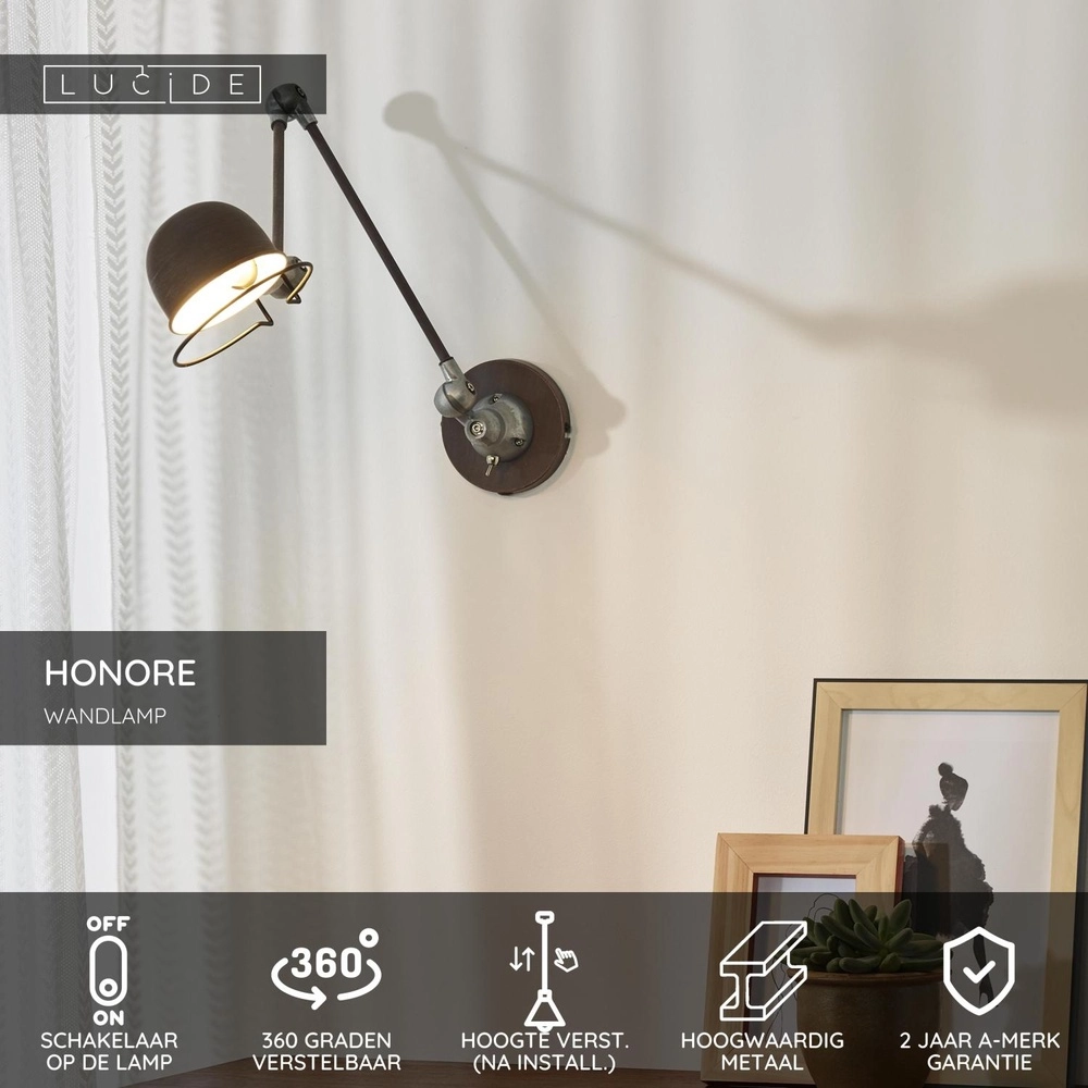 Lampe murale rabattable Honore Classique brun rouille Lucide 5411212450388