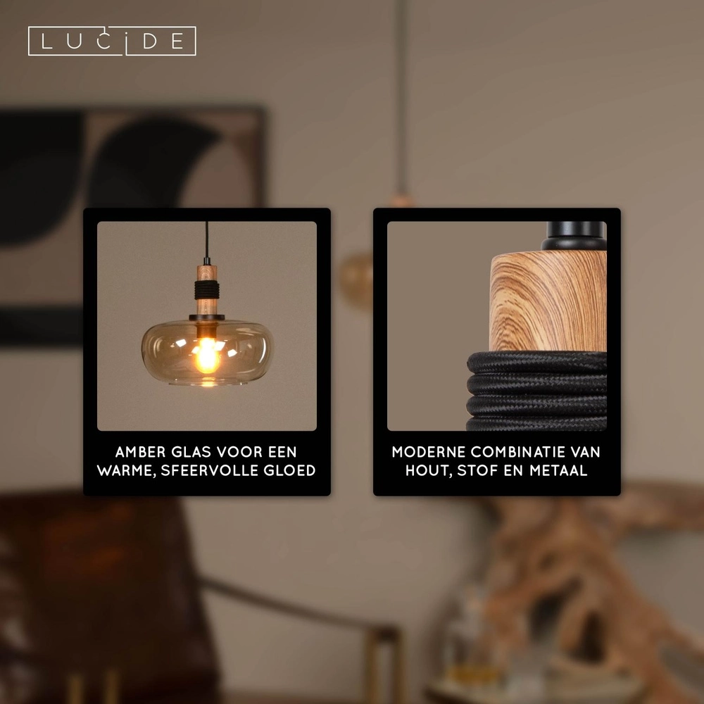 Lampe suspendue Ilona Ø 30 cm noir avec verre ambré Lucide 5411212452672
