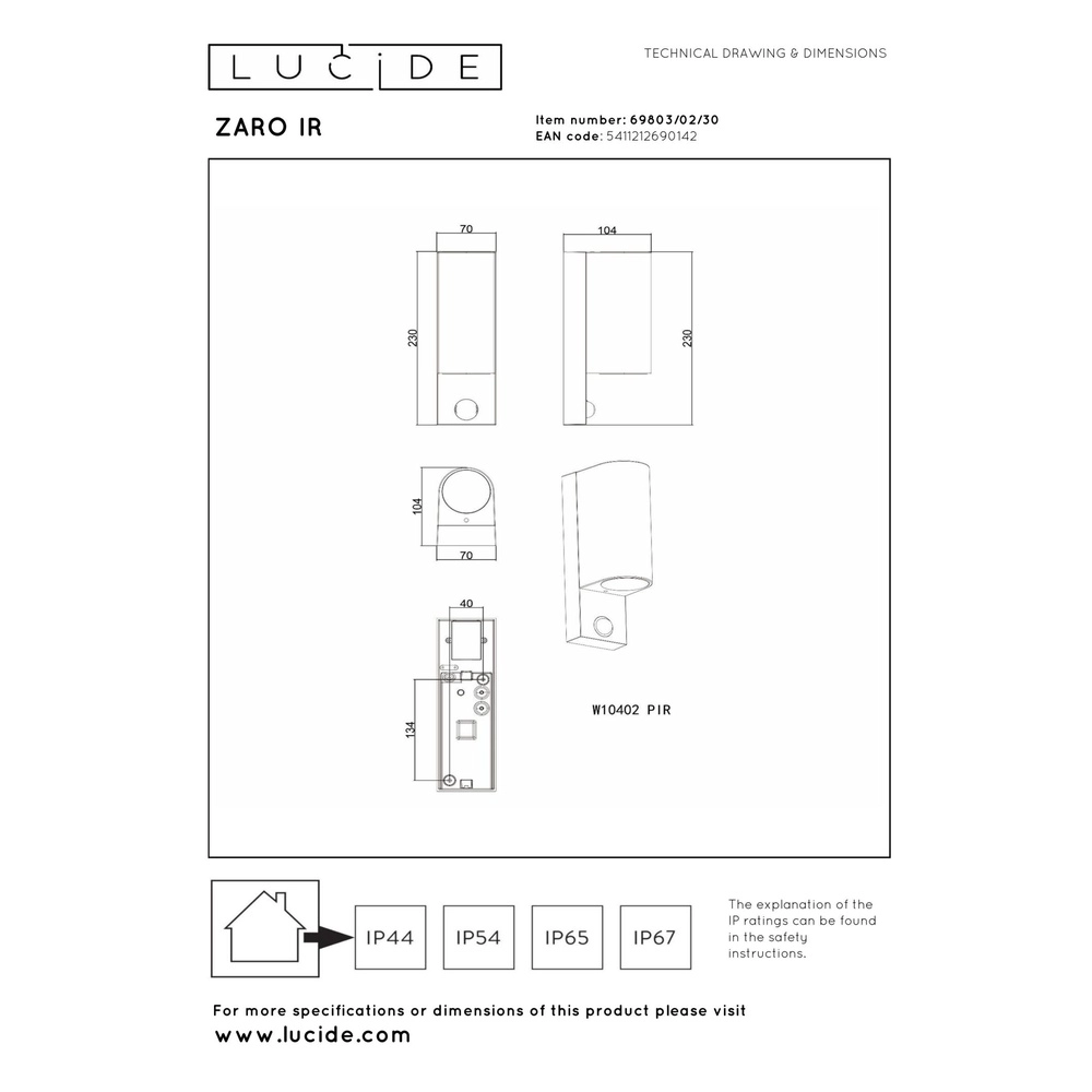 Projecteur mural Zaro Noir haut et bas avec capteur Lucide 5411212690142