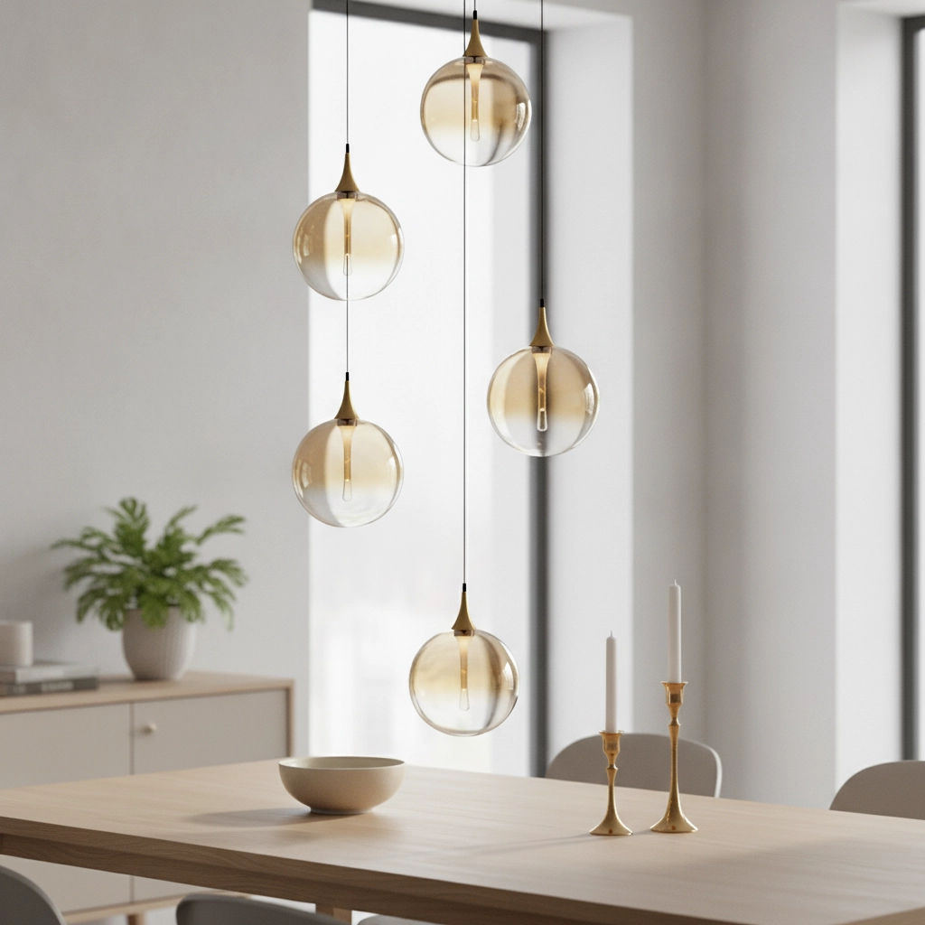 Suspension Orenda Verre rond ambré à 5 lumières
