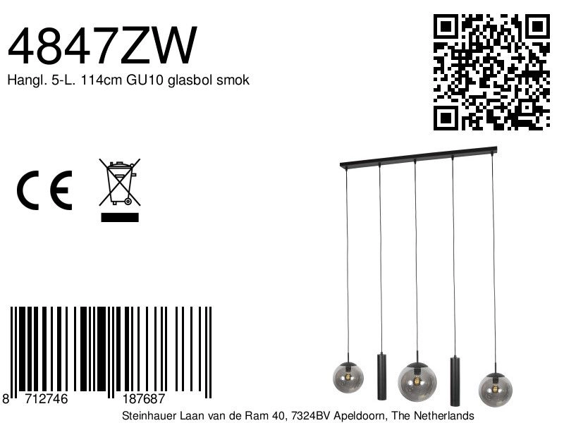 Lampe pendante de conception Bollique Noir à 5 lumières Steinhauer 8712746187687