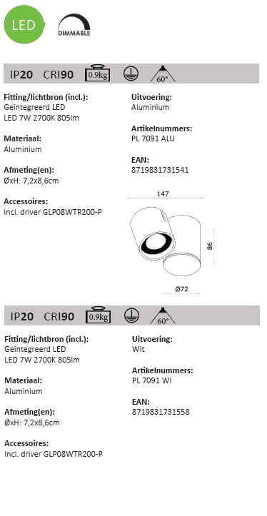 Spot mural à LED Mayen blanc Artdelight 8719831731558