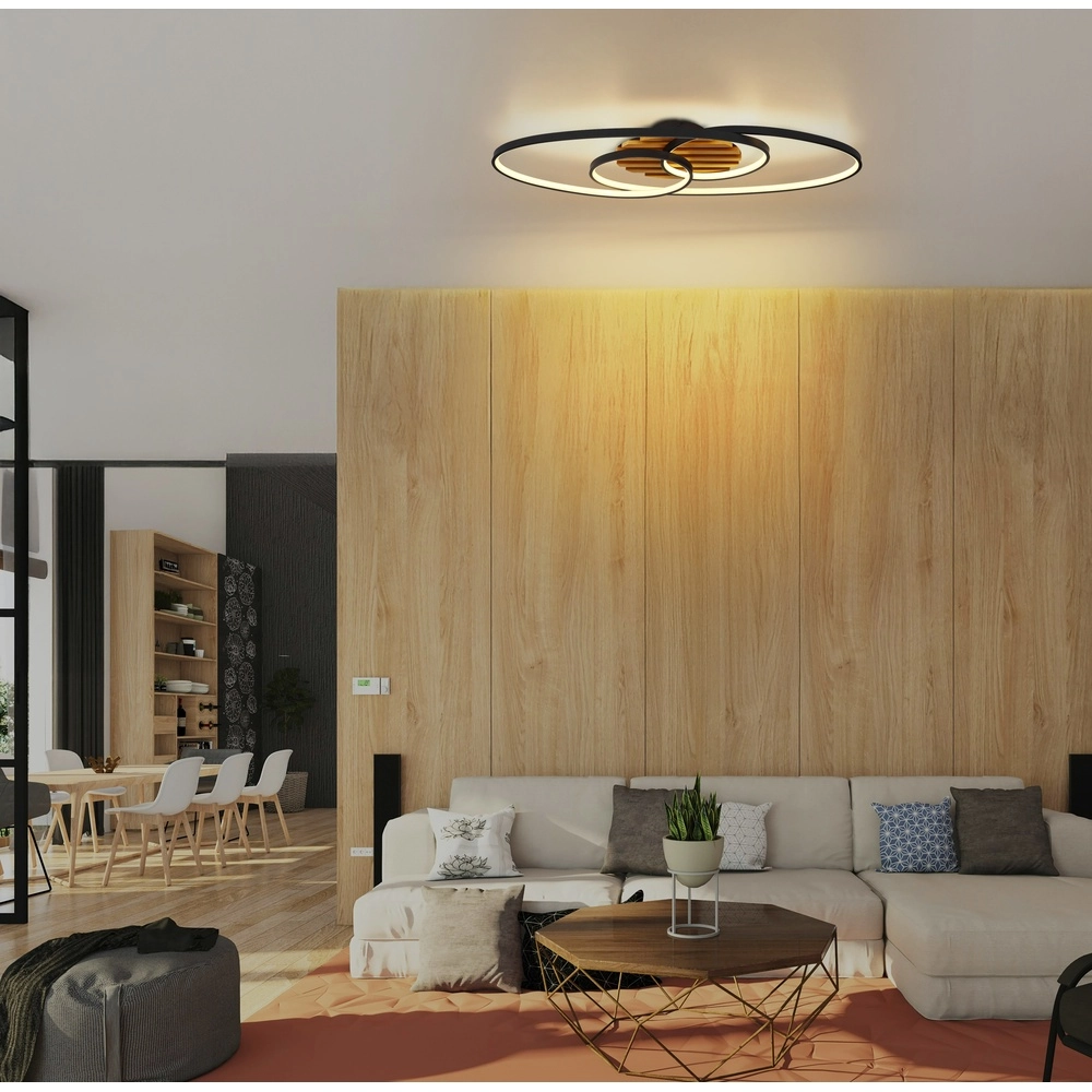 Lampe ovale de plafond Tisha I noir avec bois Globo 9007371572281