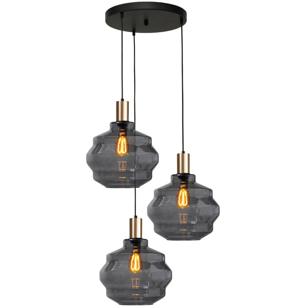 Suspension loft 3 lumières - or - Porto avec verres à fumée Ball - Ø 30cm