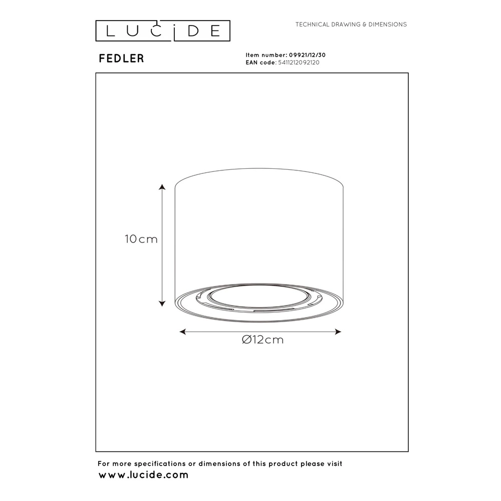 Tache au plafond Ø 12cm Fedler GU10 ES111 noir Lucide 5411212092120