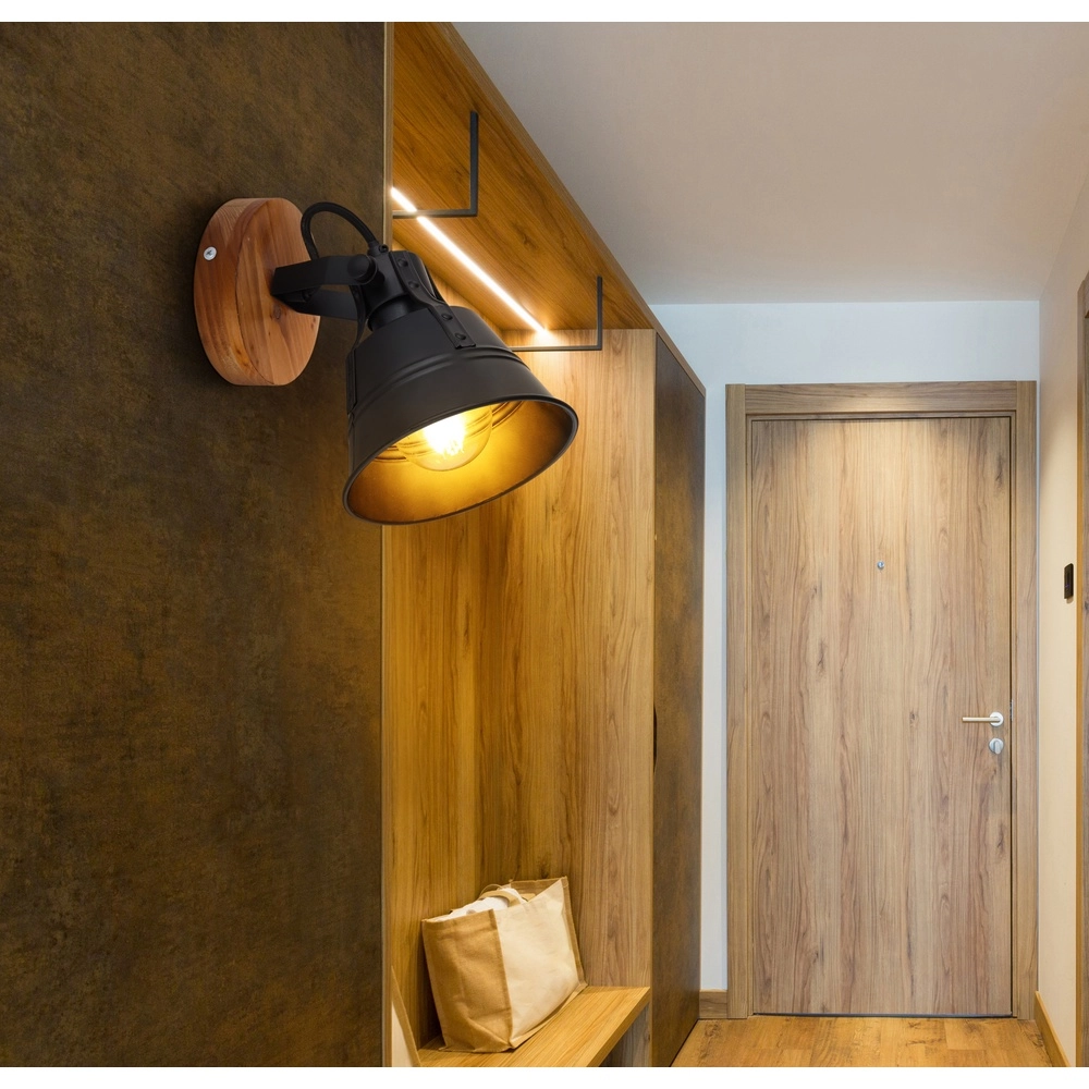 Lampe murale de campagne Günther noir avec bois Globo 9007371413720