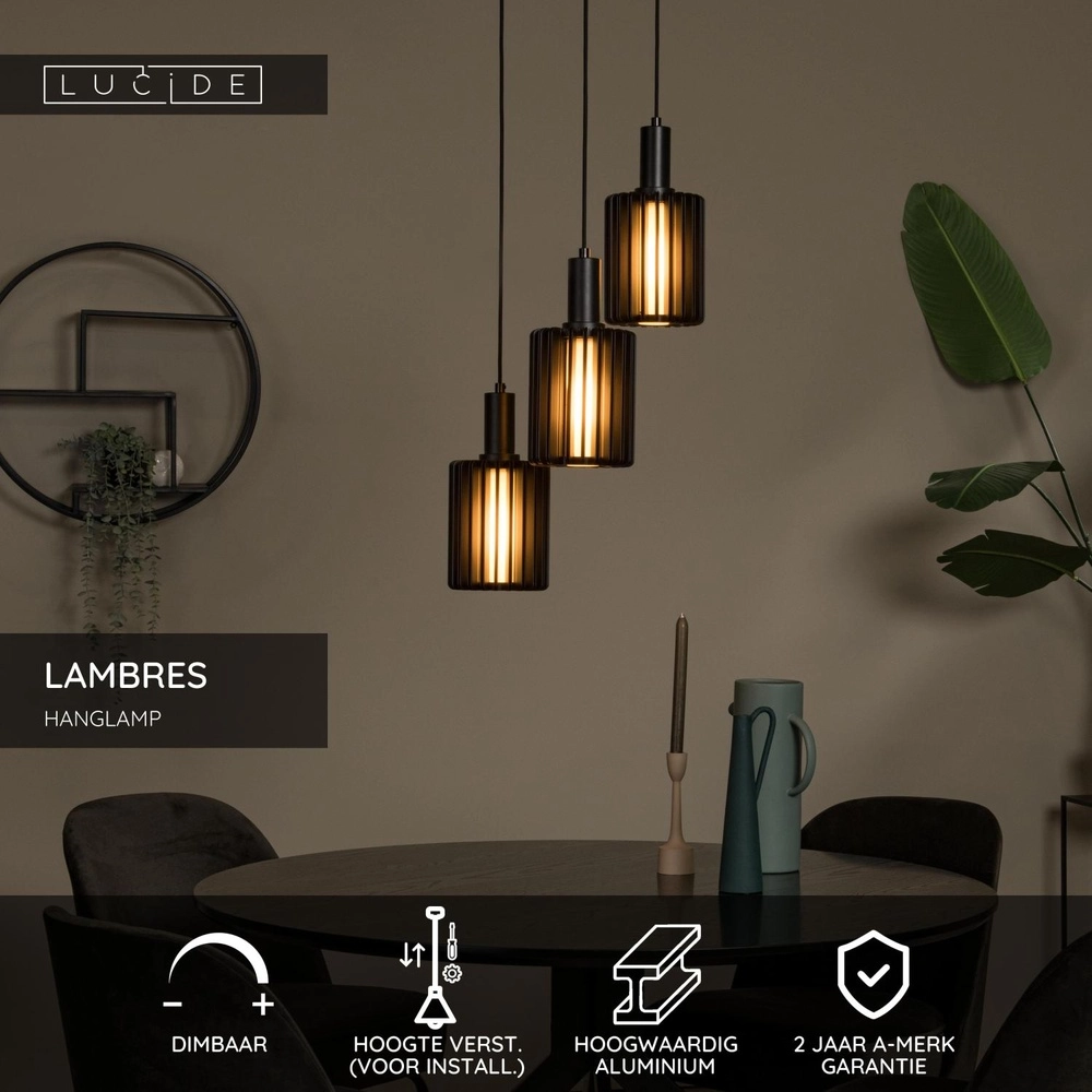 Lampe pendante à 3 lampes Lambres Noir Lucide 5411212452900