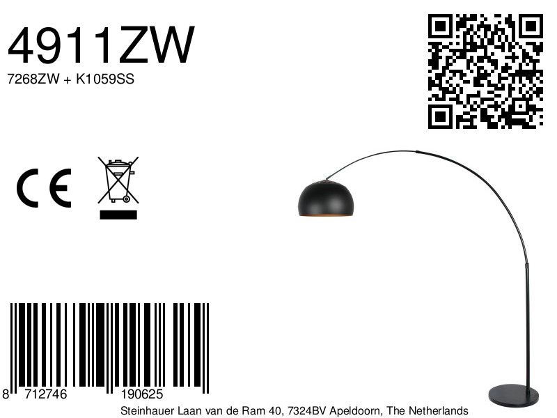 Lampe à arc noir Globe Black Steinhauer 8712746190625