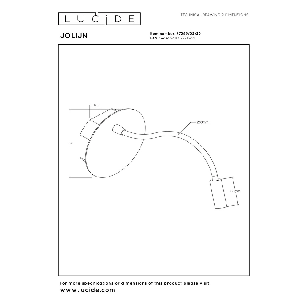 Lampe murale rechargeable Jolijn Noir de la lampe de chevet Lucide 5411212771384
