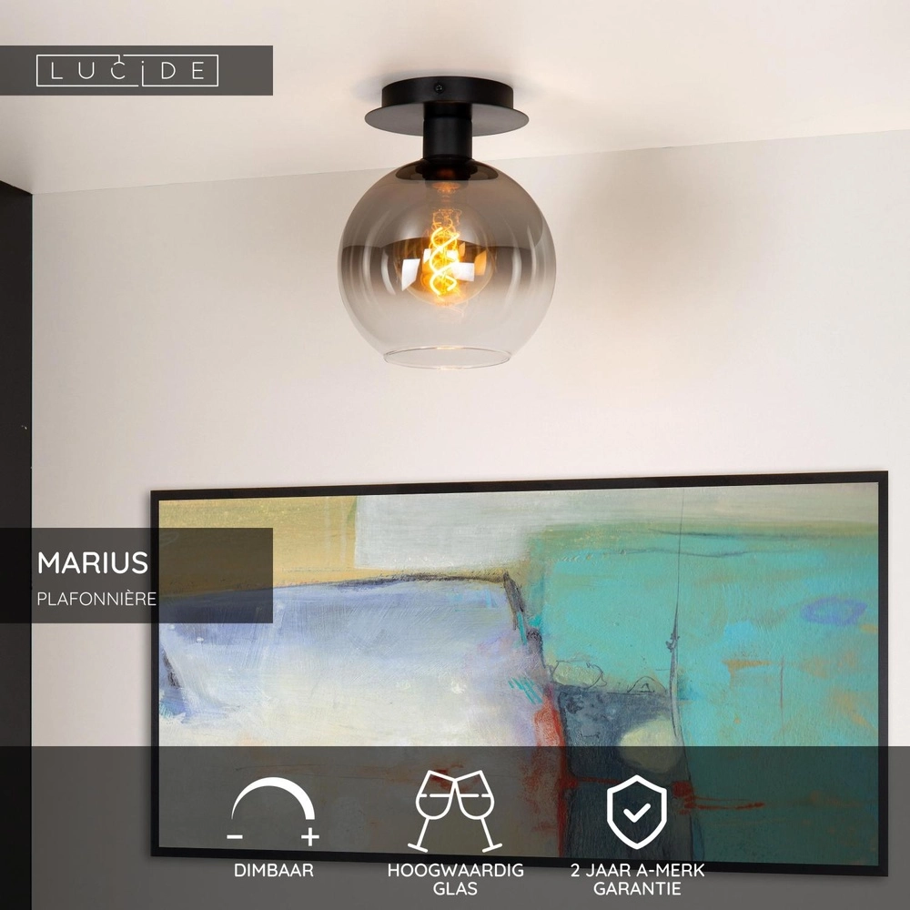 Lampe de plafond Marius noir avec verre fumé Lucide 5411212740984