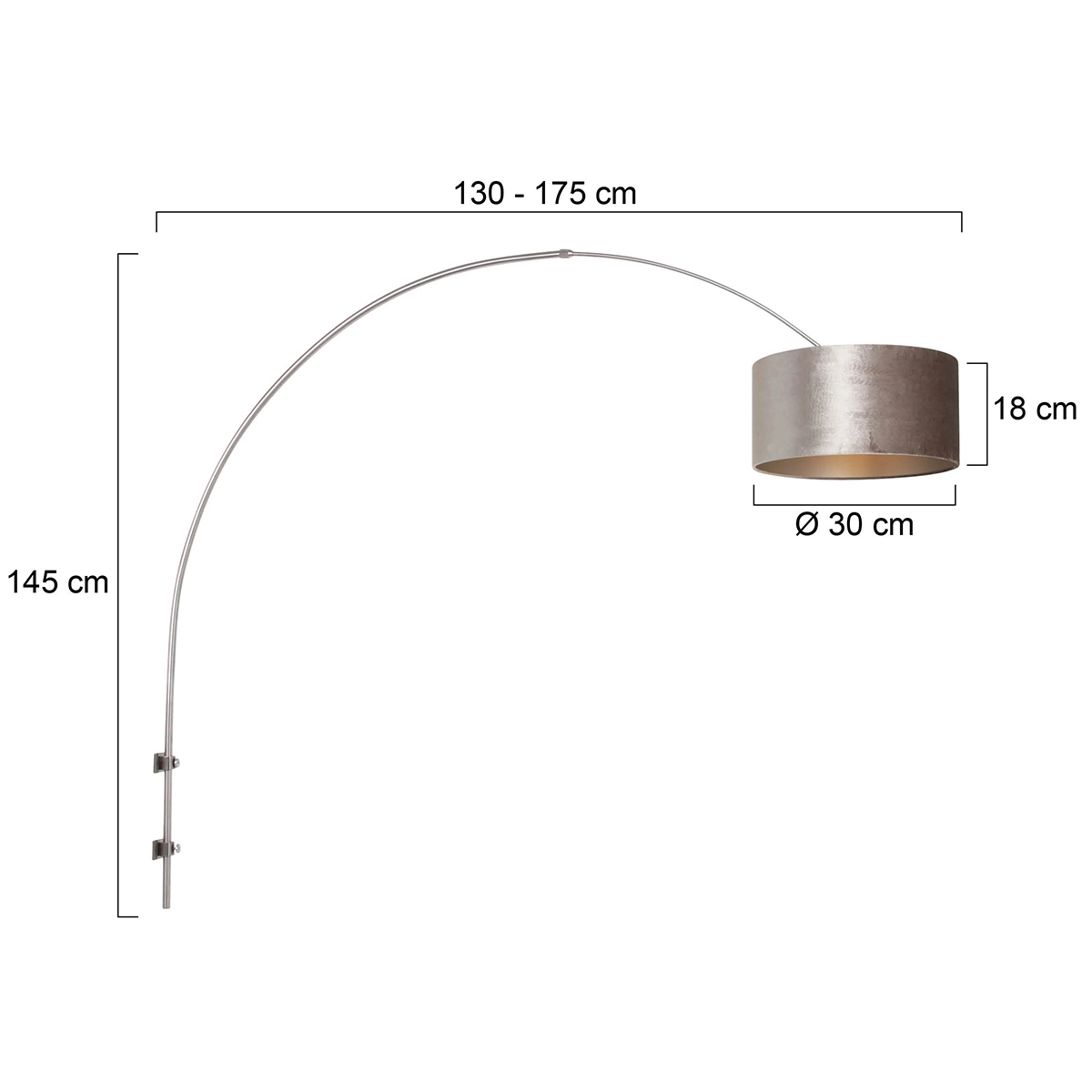 Lampe à arc murale Sparkled Acier inoxydable avec abat-jour en velours taupe Steinhauer 8712746146165