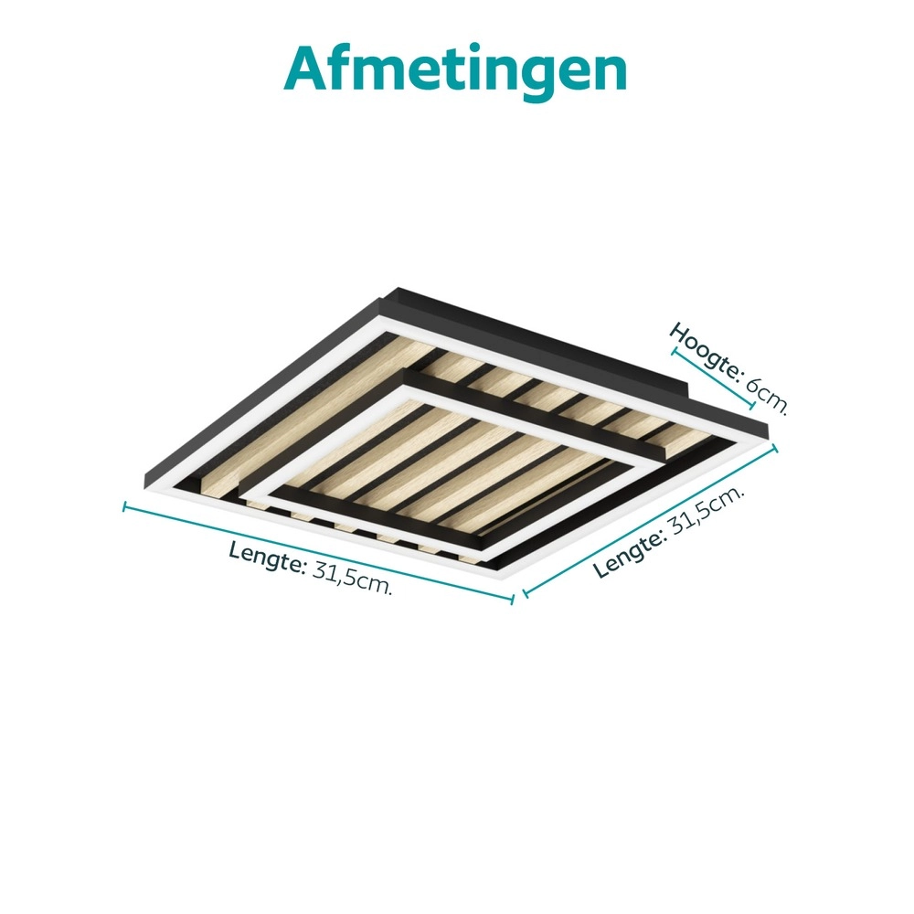 Lampe de plafond moderne Cembrano noir avec un carré en bois 31,5 x 31,5 cm Eglo 9008606388219