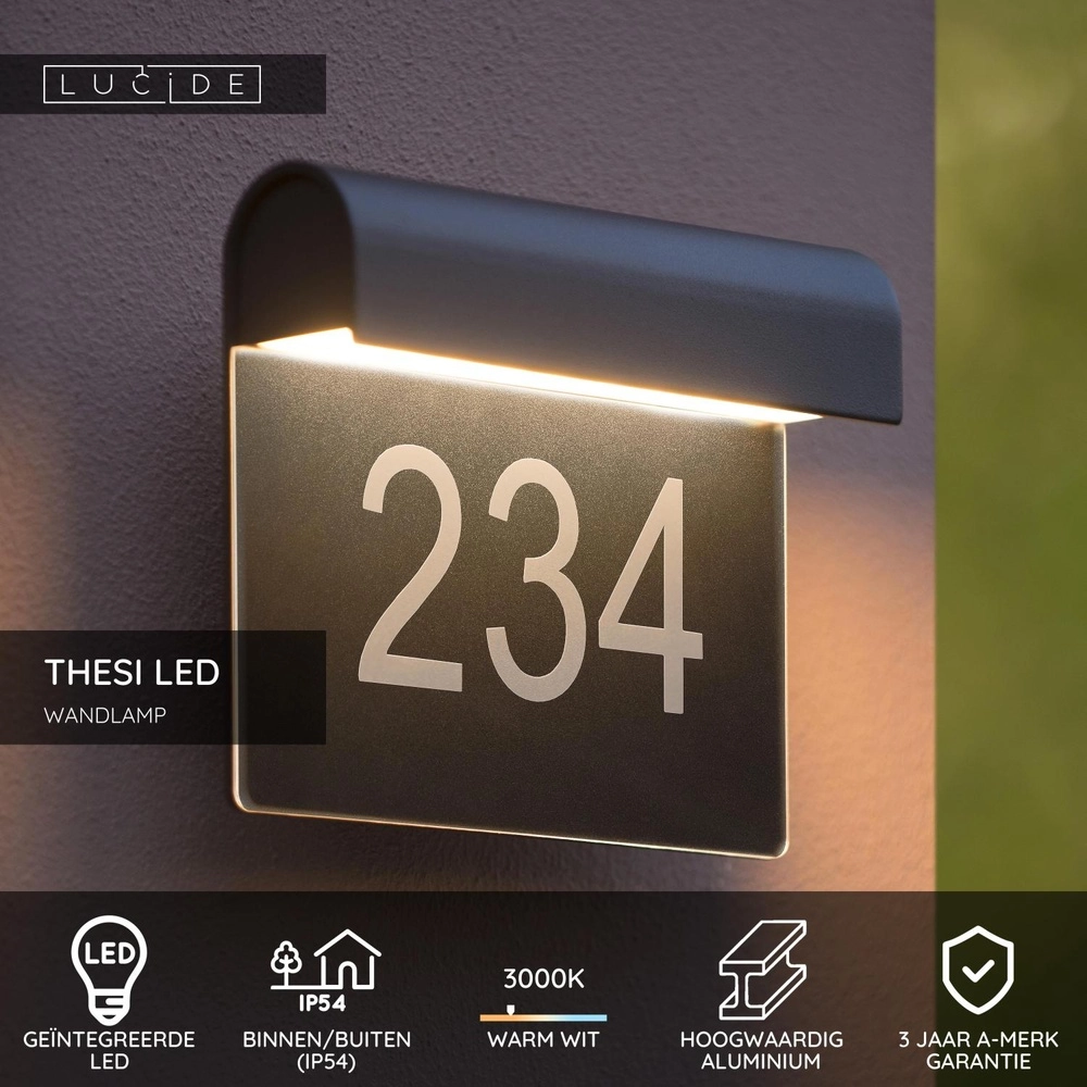 Lampe murale Thesi Led noir avec numéro de maison Lucide 5411212271464