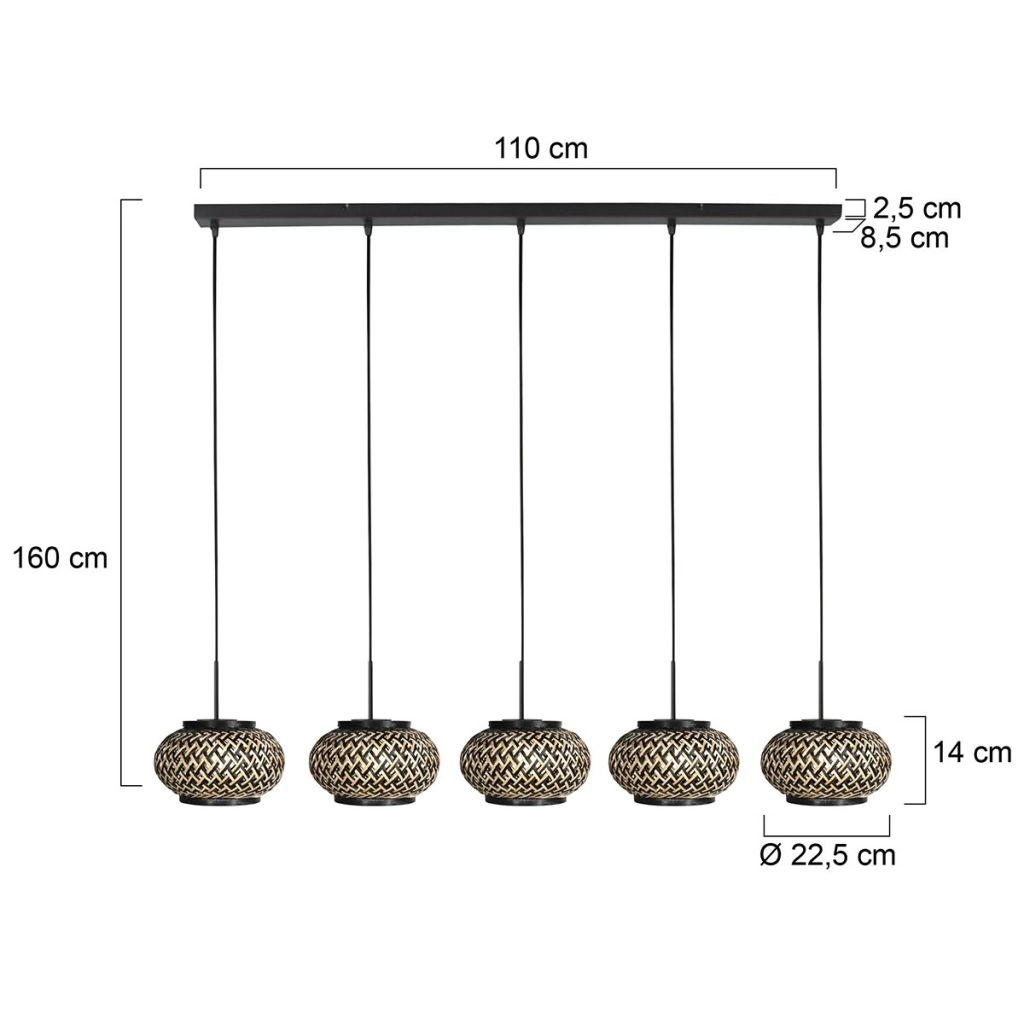 Lampe pendante à 5 lampes droite Nox Light avec des capuchons de bambou Steinhauer 8712746183221