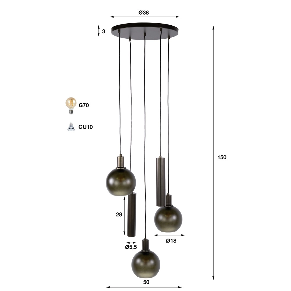 Lampe pendante de conception Sfera Marron Sienne à 5 clairs avec verre dépoli Lyora 8716803515178
