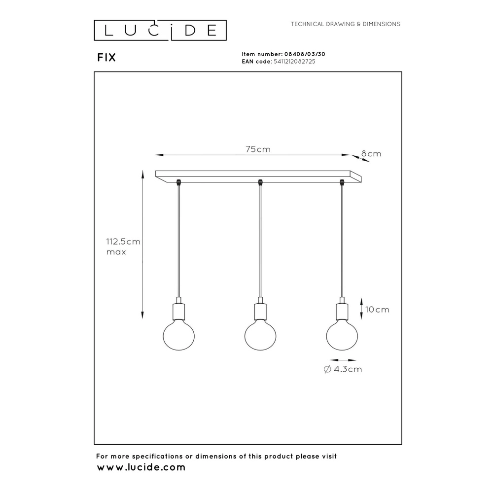 Lampe suspendue Fix Noir à 3 lumières Lucide 5411212082725