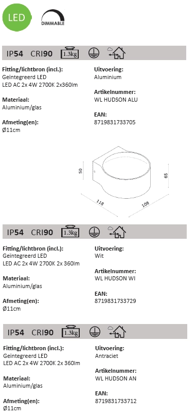 Spot mural anthracite Hudson 11 cm - noir Artdelight 8719831733712