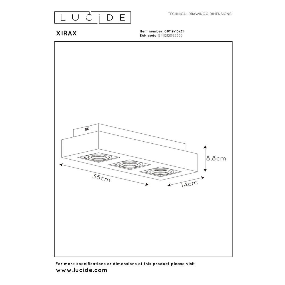 Projecteur de plafond Xirax 3 x 5W blanc Lucide 5411212092335