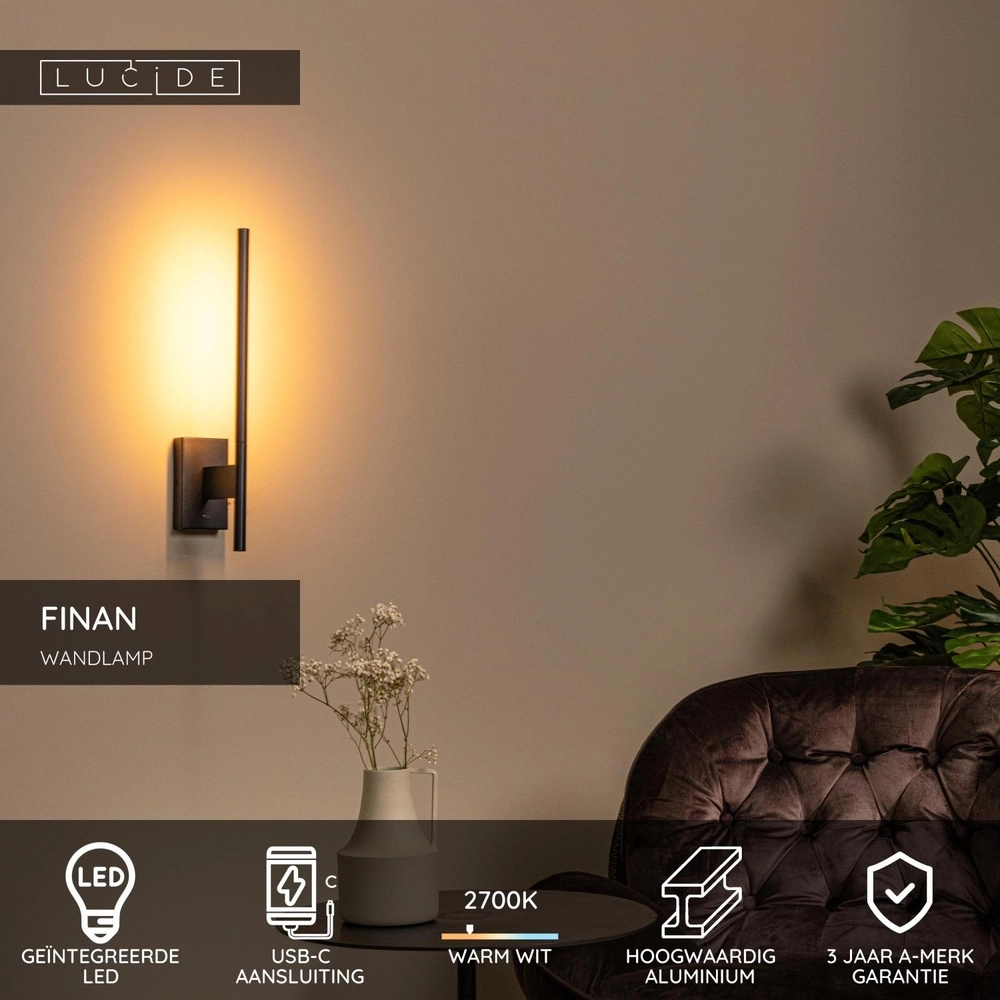 Lampe murale de conception Finan avec point de charge USB noir Lucide 5411212680013
