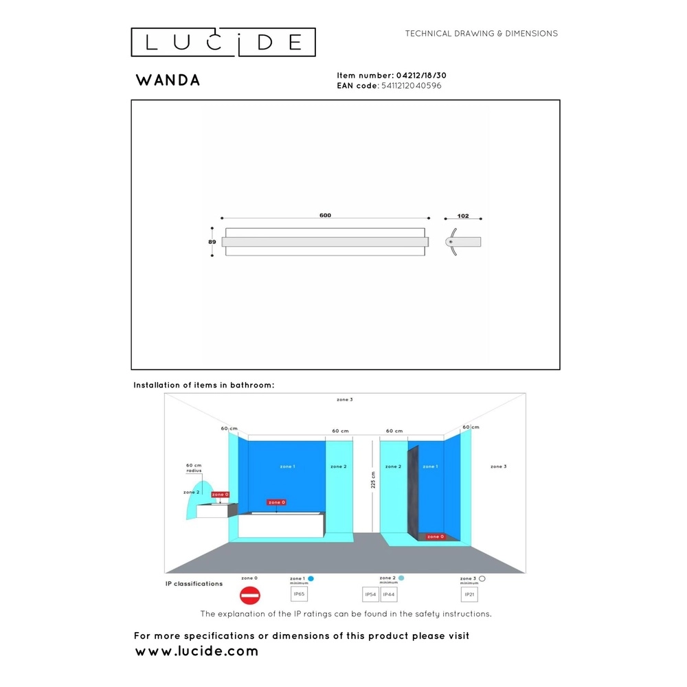 Lampe murale Wanda 60 cm noir Lucide 5411212040596