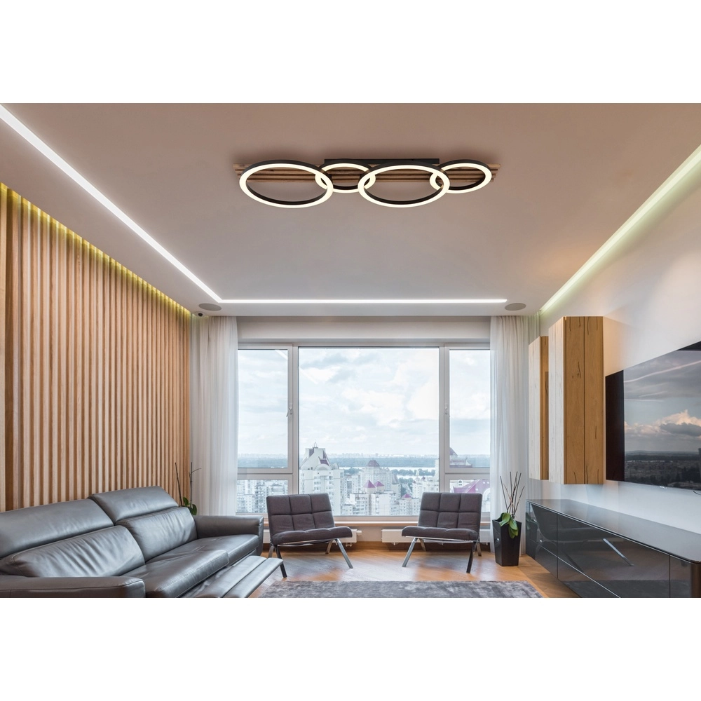 Lampe de plafond Tisha 4 anneaux noirs avec du bois Globo 9007371531578
