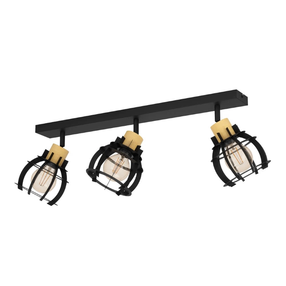Plafonnier 3 lumières Stillington 1 noir avec du bois Plafonnier 3 lumières Stillington 1 noir avec du bois