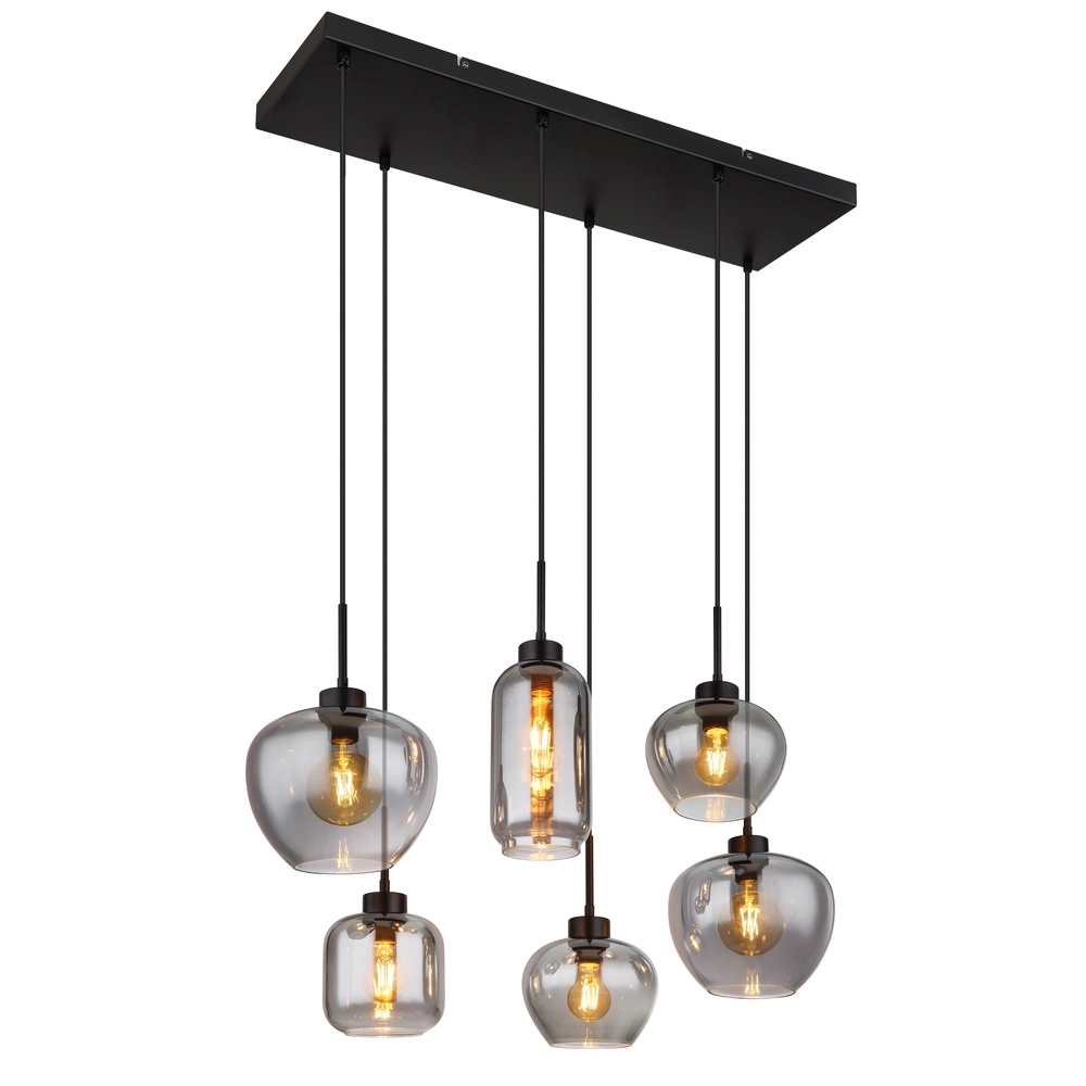 Lampe suspendue à 6 lampes Matt noir avec verre fumé