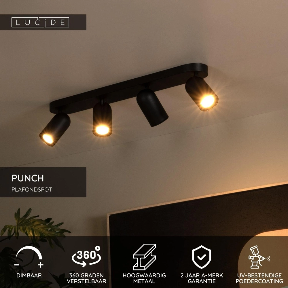 Projecteur de plafond Punch Noir à 4 lumières Lucide 5411212134332