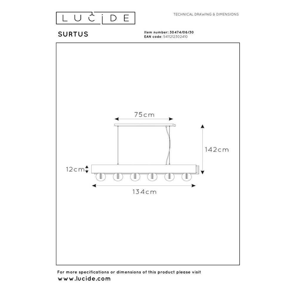 Lampe pendante de conception Surtus Noir à 6 lumières Lucide 5411212302410