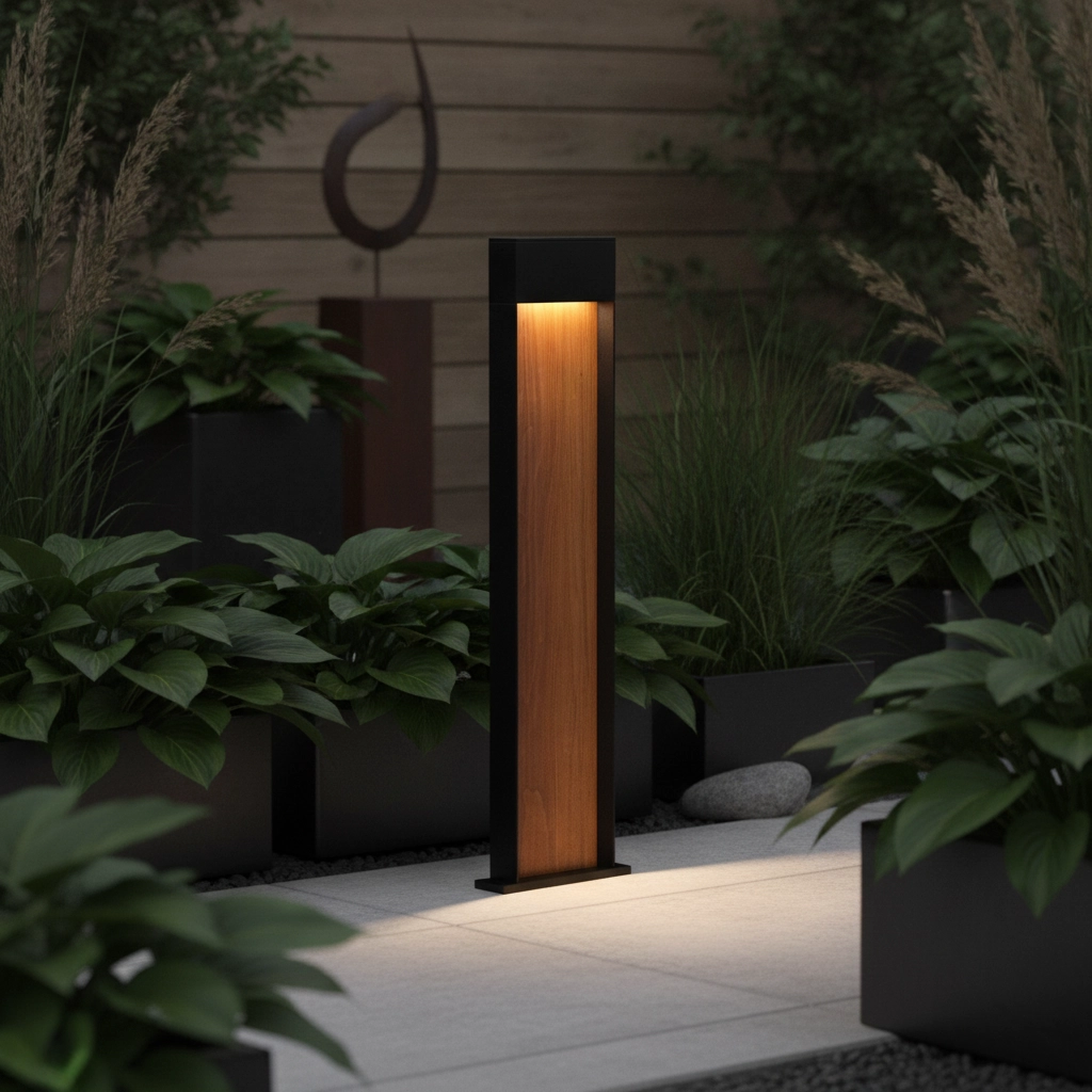 Lampe de jardin conçue Noray noir avec bois 78cm - 3000K
