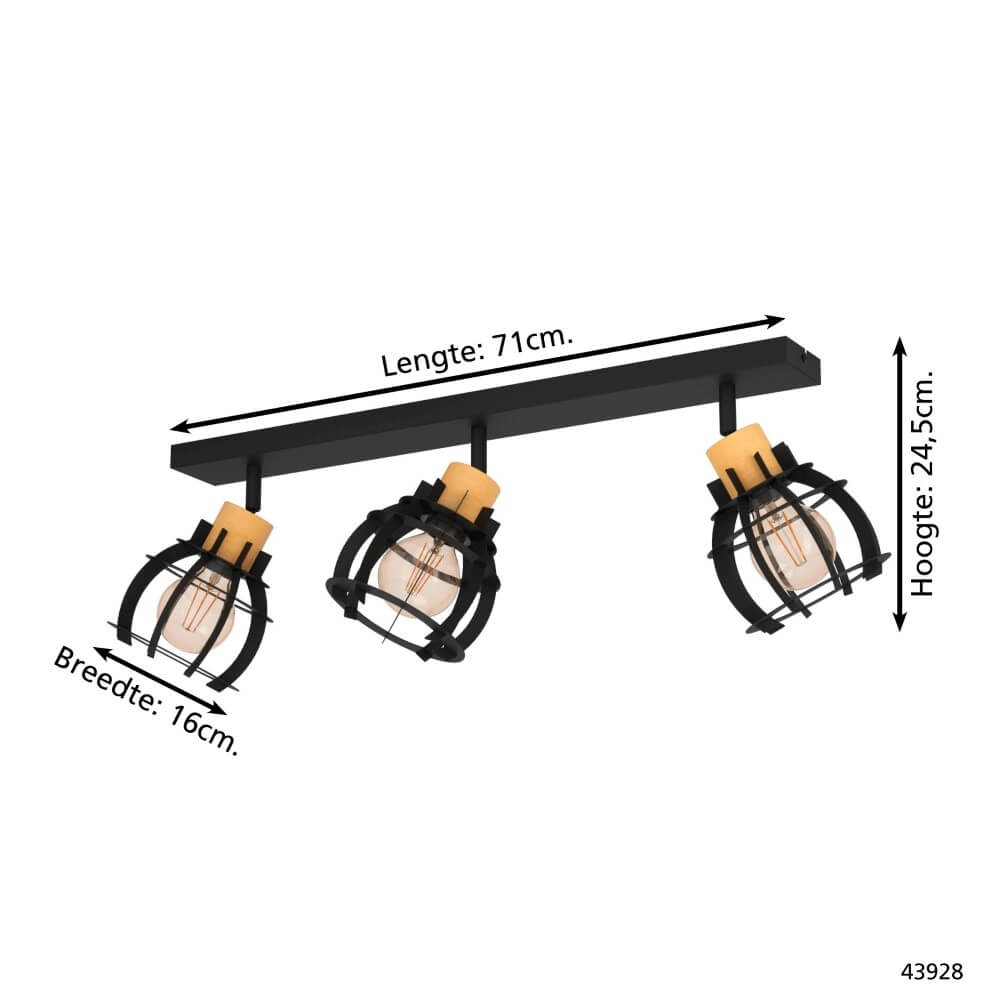 Plafonnier 3 lumières Stillington 1 noir avec du bois Eglo 9002759439286