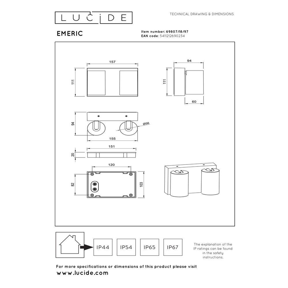 Tache murale IP65 Emeric Double brun rouille Lucide 5411212690234