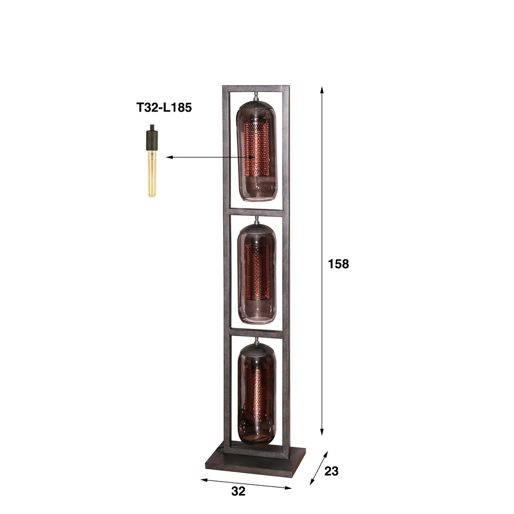 Lampe de pied en verre Smoke 3x E27 - 158cm - noir avec cuivre Lyora 8716803512153