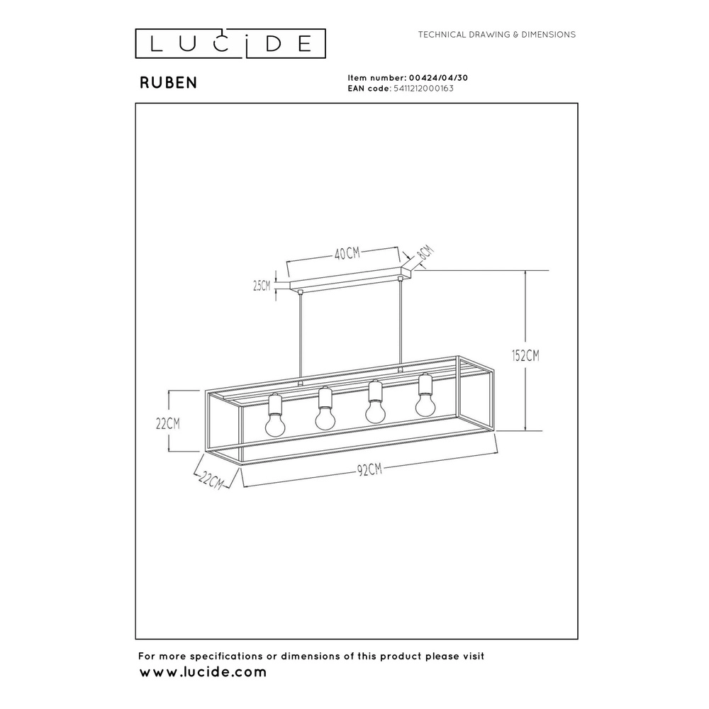Lampe suspendue Ruben Noir à 4 lumières Lucide 5411212000163