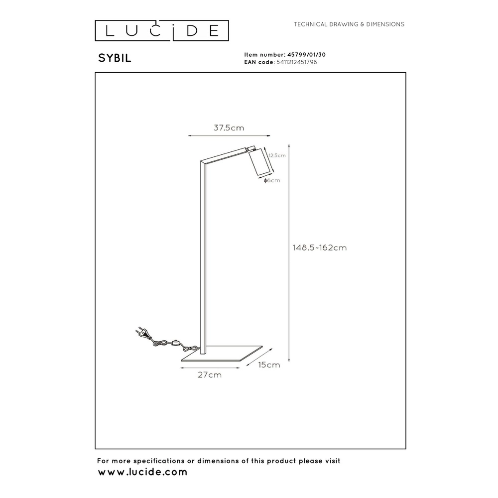 Lampe de lecture Sybil Noir Lucide 5411212451798