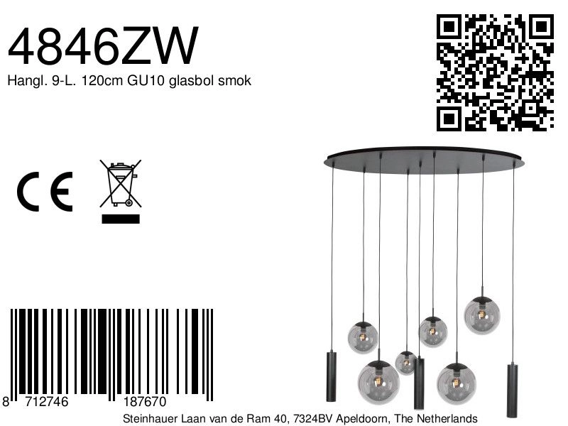 Lampe pendante de conception Bollique Noir à 9 lumières Steinhauer 8712746187670