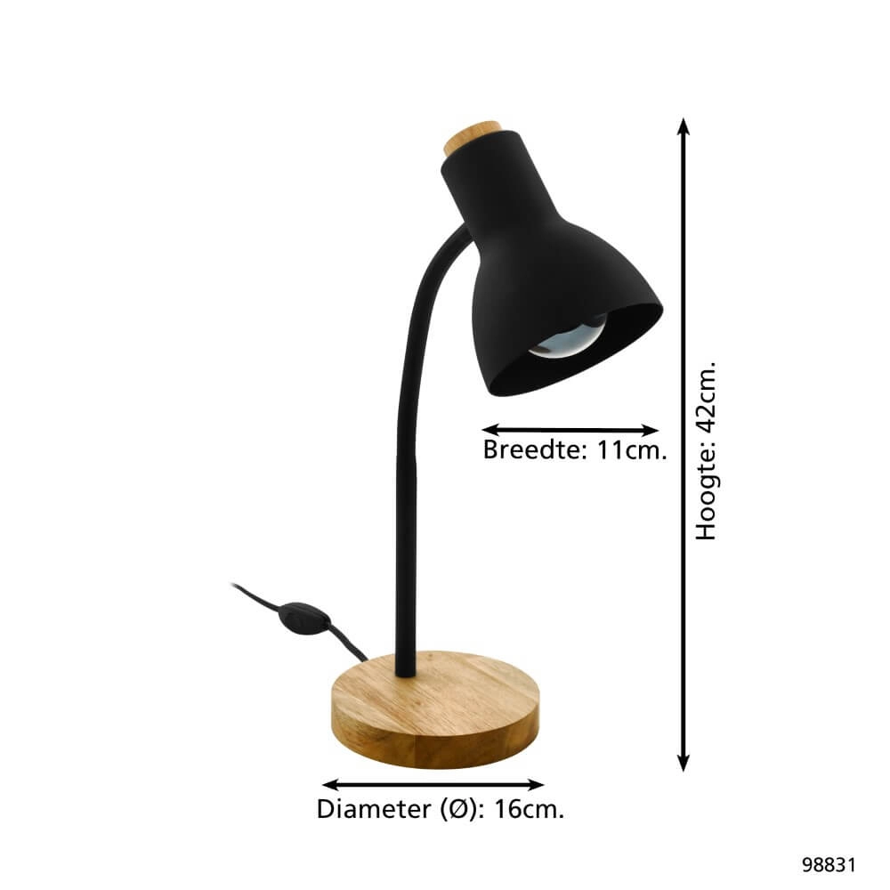 Lampe de bureau rurale Veradal noir avec du bois Eglo 9002759988319