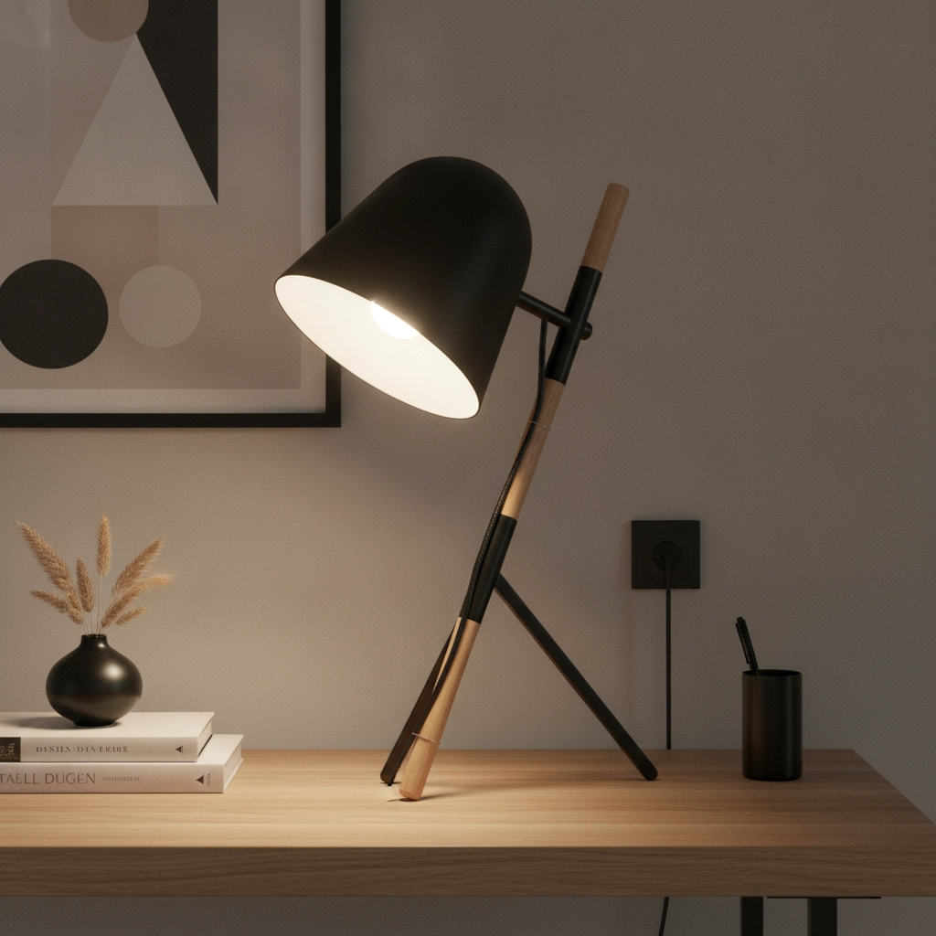 Lampe de table country Sensa Trépied noir avec bois