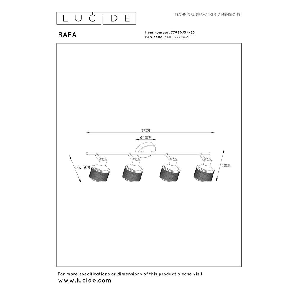 Lampe de plafond Rafa 4-noir clair avec cuivre Lucide 5411212771308
