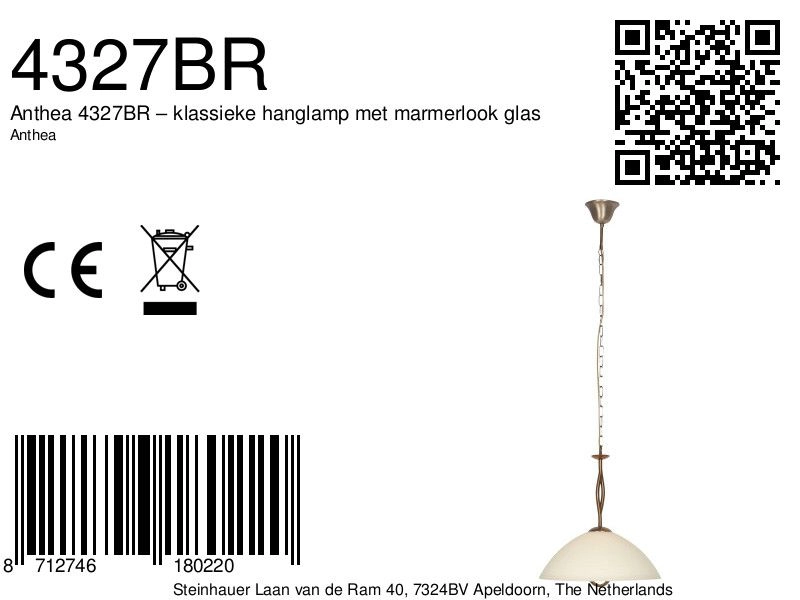 Lampe pendante classique Anthea 1 bronze léger Steinhauer 8712746180220