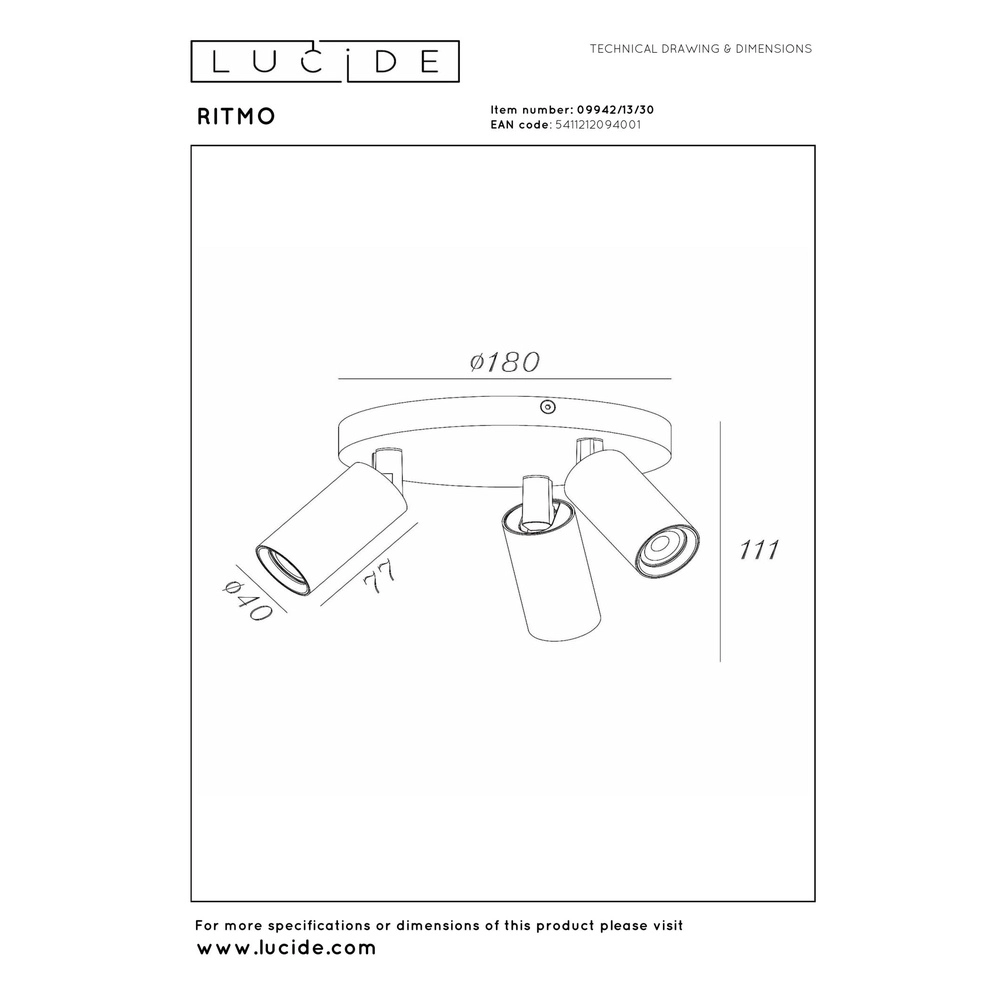 Projecteur de plafond Ritmo mini GU10 3-light black Lucide 5411212094001